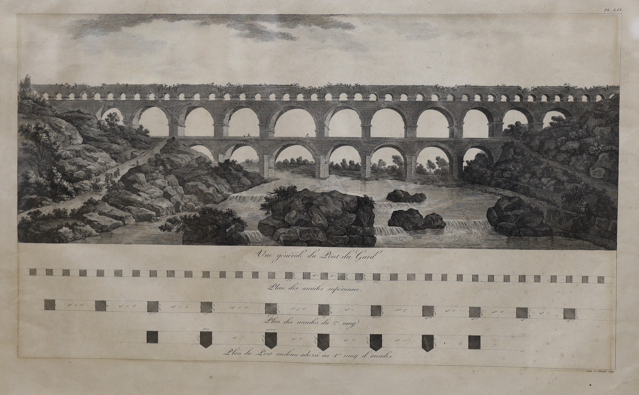 An 18th century French engraving, 'Maison Carrée à Nimes', 30.5 x 44cm and a 19th century French engraving of The Pont du Gard, 38 x 60cm